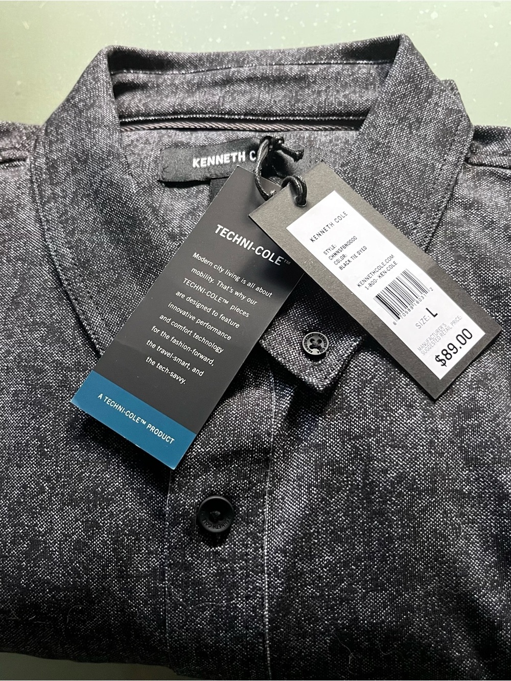 Kenneth Cole Techni-Cole Men's Large Gray Stretch Button-Down MSRP $89 NWT
